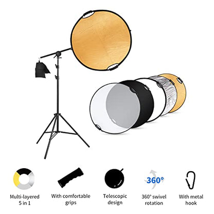 Selens Photography Reflector Holder Stand Kit, 32in / 80cm 5-in-1 Collapsible Light Reflectors with Swivel Boom Arm Stand and Sandbag for Photo Video Studio Lighting