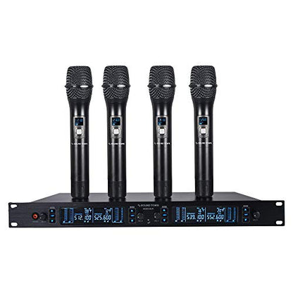 Sound Town 200 Channels Adjustable UHF Wireless Microphone System with Metal Receiver, 4 Handheld Mics and Auto Scan, for Church, School, Outdoor Wedding, Meeting, Party and Karaoke (NESO-SU4HH) - color: Gloss Black