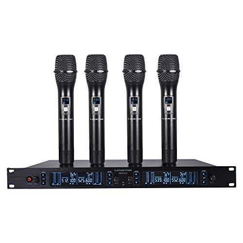 Sound Town 200 Channels Adjustable UHF Wireless Microphone System with Metal Receiver, 4 Handheld Mics and Auto Scan, for Church, School, Outdoor Wedding, Meeting, Party and Karaoke (NESO-SU4HH) - color: Gloss Black