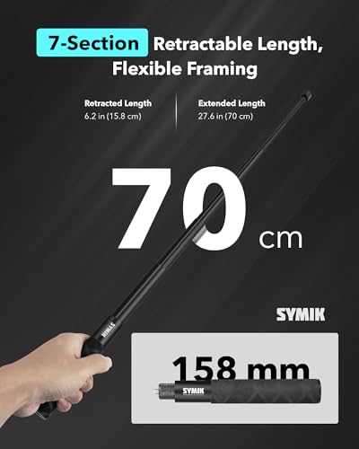 SYMIK Invisible Selfie Stick for Insta360 70 cm/27.6 in, 360 Camera Stick | Aluminum Alloy Extension Stick for Insta 360 X5 X4 Air X3 ONE X2, Osmo 360, Portable Extendable Monopod Pole with Wrist Strap - size: 70 cm / 27.6 in