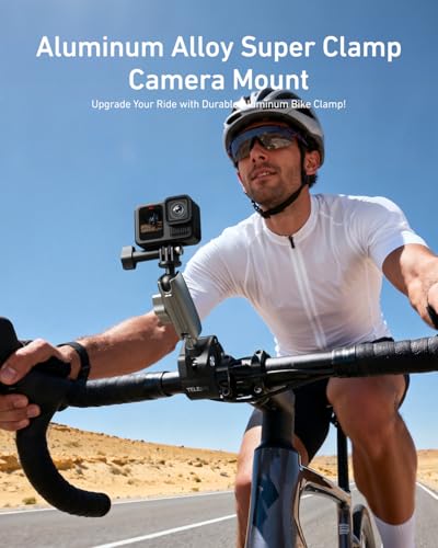 TELESIN Super Clamp Camera Mount with 360° Dual Ball Head, Bike/Bicycle/Motorcycle Handlebar Mount for GoPro Mission 1 PRO/DJI Osmo Pocket 4 3/ DJI Action 6 5 4/ Insta360 Luna Ultra/Xtra Muse Camera