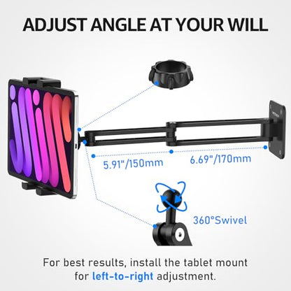 Urmust Tablet Wall Mount Holder for iPad, 4.7-15.6" | 360° Rotation Adjustable, Aluminum Extendable Arm, iPad mini/Air/Pro/Galaxy Tab/Kindle, Kitchen Home Office - size: 2 Arm Pro-Up to 15.6"