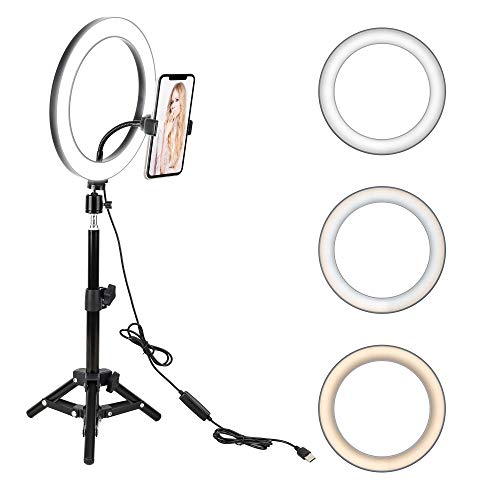 10" LED Selfie Ring Light with Tripod Stand & Cell Phone Holder for Tiktok/Live Stream/Makeup, BONFOTO Dimmable Desktop Camera Ringlight for YouTube Video/Photography Compatible with iPhone/Android