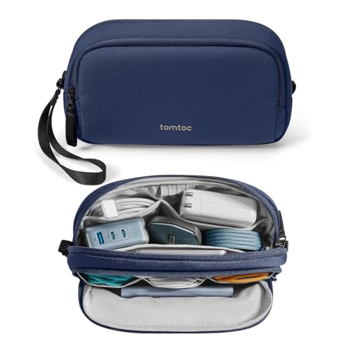 tomtoc Electronic Organizer Travel Case, Water Resistant Dual Compartment Tech Pouch Cable Organization Storage Bag for Charger, Cord, Phone, Hard Drive, Power Bank, Accessories Travel Essentials - color: Navy Blue, size: Medium