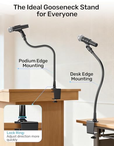 19-Inch Gooseneck Mic Stand for Desk - Clamp On Desktop Microphone Arm with Heavy-Duty Table Clip, 5/8" to 3/8" & 1/4" Adapters Included, Ideal for Podcast, Pulpit & Podium Mic Holder, Black - size: Heavy-Duty Clamp