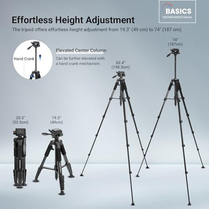 NEEWER Basics Camera Tripod, 74" Tripod with Cell Phone Holder Mount Compatible with iPhone for Video Recording, Professional Aluminum Lightweight Portable Travel Stand with 3 Way Pan Tilt Head, TP56 - style: TP56