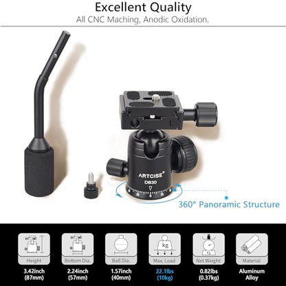 Ball Head with Handle ARTCISE Camera Tripod Ball Head with Two Quick Release Plates and Phone Clip for Monopod, 360 Degree Panoramic Head for Tripod, Monopod, Slider, DSLR Camera，Max Load 22lb/10kg