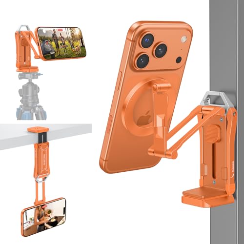 OMOTON TP02-Pro Magnetic Phone Holder for Vlogging, Content Creator Essentials with 1/4" Screw, Arca, Strong Back Magnet for Gym, Adjustable Phone Stand & Selfie Stick for iPhone 12-17 Series, Orange - color: 2-Orange