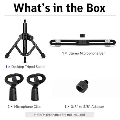 2 Mic Stereo Bar with Desktop Tripod Stand | Dual-microphone recording kit with 30cm stereo bar, desktop tripod, and adapter for XY, ORTF, and NOS recording.