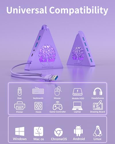 7-Port USB 3.0 Hub, Light Purple Vertical USB Splitter with Tree-Inspired RGB Lights, 5Gbps High-Speed Transfer, 2FT Cable, Compatible with MacBook, PC, Flash Drive, Console, Printer, Camera - color: 2-Tree Light Purple