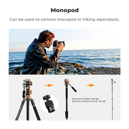 K&F CONCEPT 90''/230cm Overhead Camera Tripod, Horizontal Shooting Video Tripods with Fluid Head Heavy Duty, Detachable Monopod, for Indoor and Outdoor Use T254A7+FH-03 - size: T254A7+FH-03