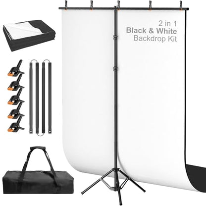 5x8ft Black & White Photo Backdrop with Stand, 2-in-1 Revisible Black White Background Screen with Portable T-Shape Stand,Carry Bag and 5 Clamps for Photography Video Meeting Streaming