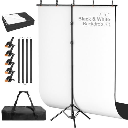 5x8ft Black & White Photo Backdrop with Stand, 2-in-1 Revisible Black White Background Screen with Portable T-Shape Stand,Carry Bag and 5 Clamps for Photography Video Meeting Streaming