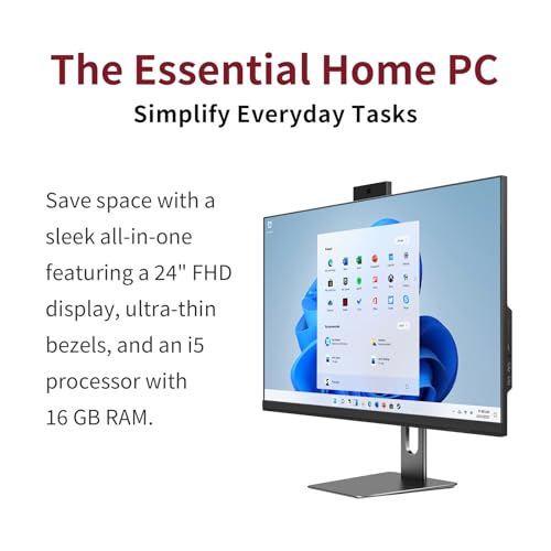 All in One Desktop Computer, 24" Display, i5 CPU Up to 3.3 GHz, 16GB RAM, 256 GB SSD, Privacy Protection Webcam, WiFi 6 + BT 5.3, Win11 Home, Black