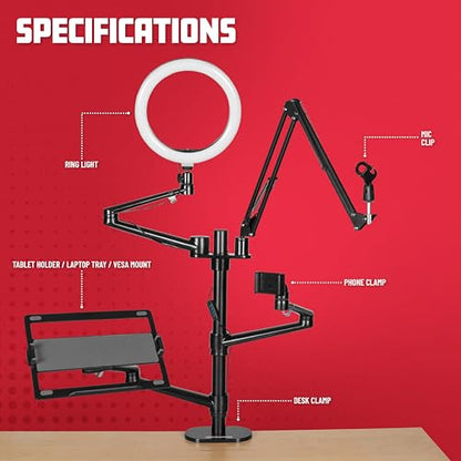 Gator Frameworks 6-in-1 Content Creator and Streaming Desktop Stand Set – Includes Smartphone Clamp, Laptop Clamp, Ring Light, and More! (GFW-STREAMSTAND) - style: Table Mount