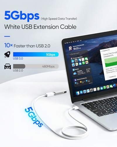 White USB Extension Cable 3FT, USB A 3.0 Extender Cable 3 FT | 5Gbps High Speed Male to Female Cord Compatible with USB Flash Drive, Hard Drive, SSD, Webcam, Mouse, Keyboard, PC