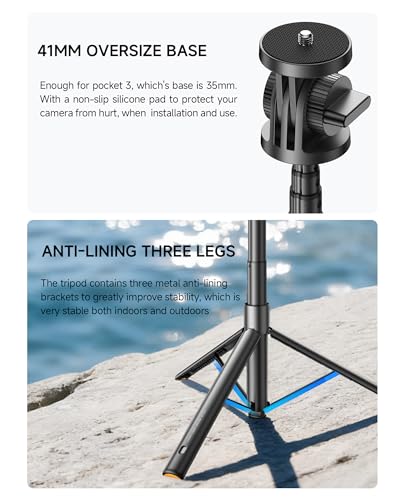 Windproof 63" Selfie Stick Tripod for DJI Osmo Pocket 3, Auto-Opening Upon Ground Contact, 8 Levels Adjustment Action Camera Tripod with 1/4" Screw Accessory for DJI Osmo Pocket3