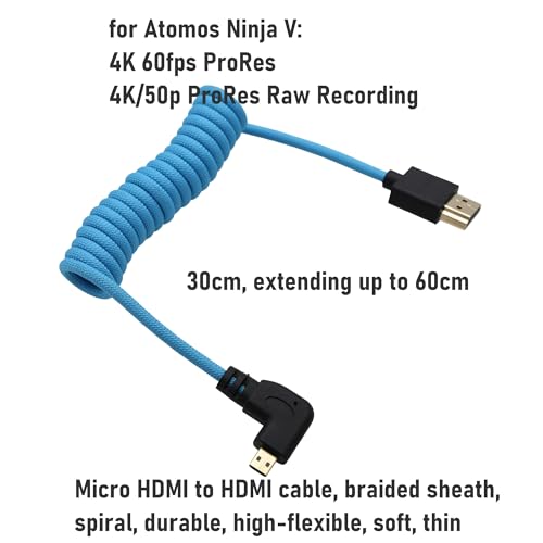 Right Angle Micro-HDMI 4K 8K High Speed Cable for ATOMOS Ninja V Ultra, Sony ZV-E10 A7C A7R4 A6700, Canon R6II R5C R10, Lumix S5 S9 G100, Fujifilm X-T50, Blue Braided Coiled 30cm - color: Blue, size: Right Angle to Straight
