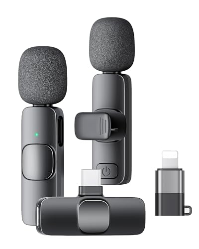 KUKIHO Wireless Lavalier Microphone for iPhone iPad and Android Phone, 2 Pack Lapel Mic Plug and Play Wireless Mic Noise Reduction Microphone for Video Recording Interview Podcast (Black) - color: Greyish black, size: Without Case