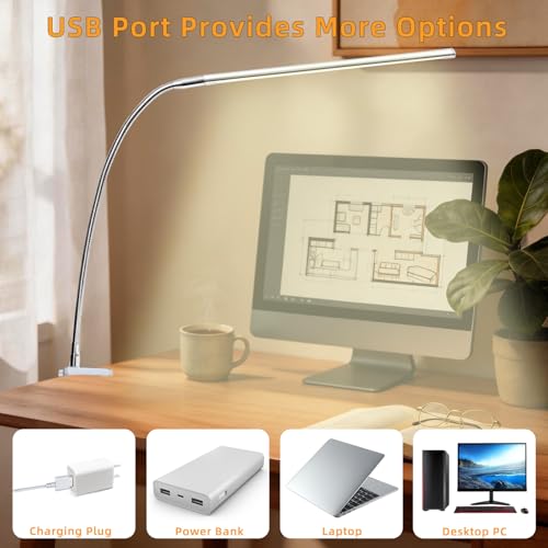 Space Aluminum LED Desk Lamp with Clamp Reading Study Desk Light | Clip on Light for 3 Modes 10 Brightness Flexible Gooseneck with USB Adapter Table Lamp for Home Office Computer Nail Work