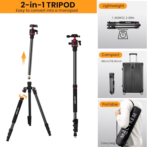 MACTREM 67" Travel Tripod - 360° Ball Head for Cameras | Aluminum alloy, 67" height, 360° ball head, lightweight, for DSLR/mirrorless, smartphone, iPad, binoculars - size: 68 inch