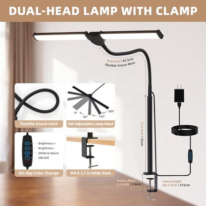 Voncerus LED Desk Lamp for Home Office, Double Head Architect Light with Clamp, Computer Monitor Clip on Light, 3 Modes and 10 Brightness, Adjustable Flexible Goose-Neck, Table Task Lamp, Black - color: Black Pro