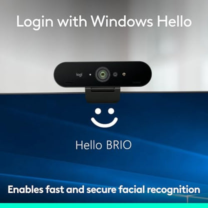 Logitech Brio 4K Webcam, Video Calling, Noise-Cancelling mic, HD Auto Light Correction, Wide Field of View, Windows Hello Works with Microsoft Teams, Zoom, Google Meet, PC/Mac/Laptop/MacBook/Tablet