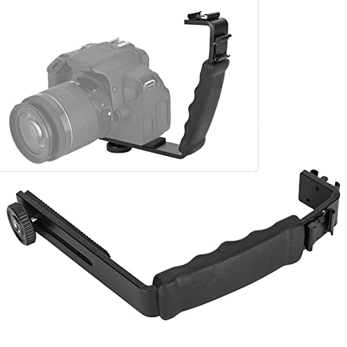 Camera Mount Flash Bracket, L Hot Shoe Mount Bracket Dual Hot Shoe Extension Heavy Duty Padded Hand Grip for Camera LED Light Microphone