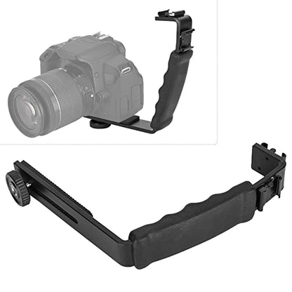 Camera Mount Flash Bracket, L Hot Shoe Mount Bracket Dual Hot Shoe Extension Heavy Duty Padded Hand Grip for Camera LED Light Microphone