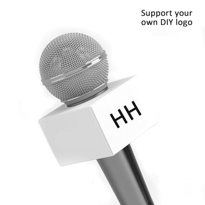 4 Pcs Microphone Flag Station Portable Square Cube ABS Foam Mic Flag Logo Studio Equipment Microphone Accessorie for Reporter Host Interview Black White