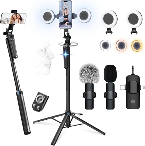 71" Content Creator Essentials Vlogging Kit - 2 Lights & 2 Mics, 360° Rotating Auto Face Tracking Tripod for iPhone/Android/Camera with Wireless Remote, No App for Vlog, Live, Video Record
