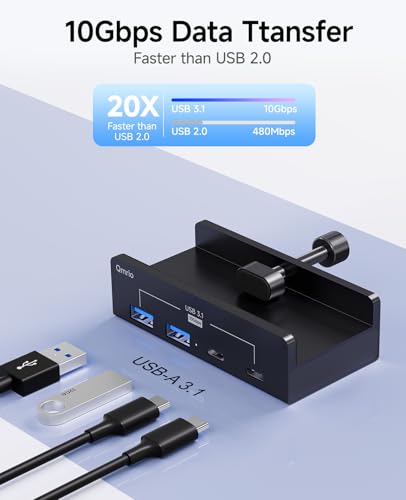 USB Hub 3.1, 10Gbps Clamp USB Hub with 2 USB-A Data Ports, 2 USB-C Port with Extra Power Supply Port (Black) - color: Black