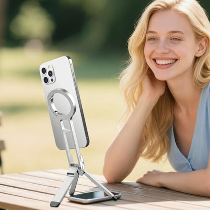 Foldable Magnetic Tripod - Aluminum Adjustable Stand, Strong Grip Holder, Compact Lightweight Mount | Phone Tripod for Outdoor Desk Home Supplies Video Calls Streaming Filming Entertainment Viewing - color: Silver
