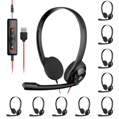 NUBWO HW02 USB Computer Headset with Clear Chat Microphone, Lightweight On-Ear Wired Headset for MS Teams, Skype, Webinars, Call Center and More - 10Pcs - color: Black, size: 10 Packs