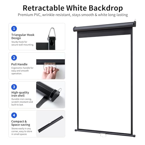 Retractable White Background Screen 36" x 56" Portable Roll-Up, Pull-Down Background, Black and White Double-Sided Design, PVC Material, Suitable for ID Card Passport Photo Photography
