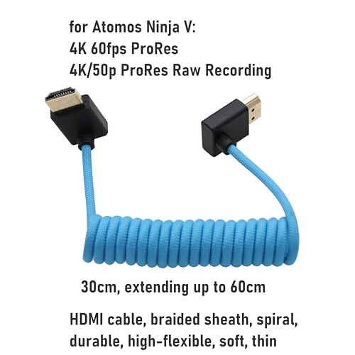 90-Degree HDMI 8K/60 4K/120p Cable for ATOMOS Ninja V Shinobi, Sony FX9 FX30, Nikon Z6iii Z8 Z9, Fujifilm GFX100II X-H2S, Teradek Hollyland Mars 400, Home Theater, Braided Coiled - color: Blue, size: Down to UP Angled