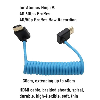 90-Degree HDMI 8K/60 4K/120p Cable for ATOMOS Ninja V Shinobi, Sony FX9 FX30, Nikon Z6iii Z8 Z9, Fujifilm GFX100II X-H2S, Teradek Hollyland Mars 400, Home Theater, Braided Coiled - color: Blue, size: Down to UP Angled
