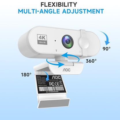 AOC White 4k Webcam for PC with Microphone, Computer Camera with Noise Cancellation, Privacy Cover, 99° FOV, Plug & Play USB Webcam for Streaming, Conferencing, Zoom, Skype, Facetime - color: white