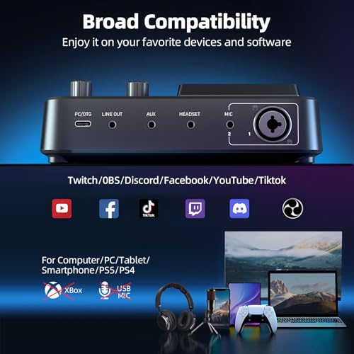 PUPGSIS Gaming Audio Mixer, Audio Interface for PC/Podcast/Streaming, Sound Board with 3.5mm/XLR Mic Input, 48V Phantom Power, Voice Changer, Live Sound Card with DJ Mixer Effects/Bluetooth/4 Channel - color: Black