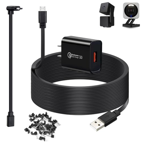 50ft Power Cord for Wyze Cam v4, Wyze Cam Pan v3, Wyze OG, Wyze v3 Pro Security Cameras - 15m Long Flat Extension Micro USB Charging Cable with L-Shaped Short Adapter and 18W Fast Charger, Black - color: Black, size: 50 Feet