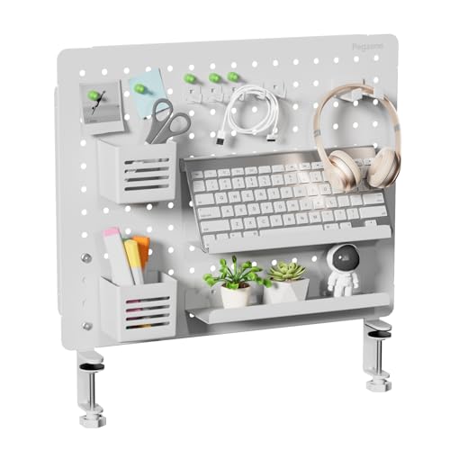 PEGZONE Clamp on Desk Pegboard, 20.4" x 16.5", with 15 Accessories, White | Magnetic Metal Peg Board, Desk Organizer for Office Gaming Home, Privacy Panel, Large - color: White, size: Large