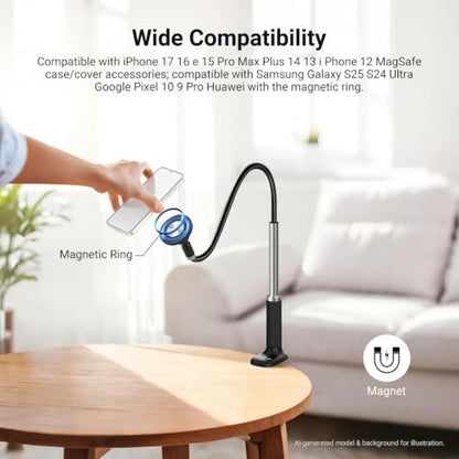 NEEWER Basics Magnetic Phone Stand for Desk, 360° Overhead Table Cellphone Holder Clamp Mount with Flexible Arm, Compatible with MagSafe iPhone Android Samsung for Bed Video Recording, PA151 Black - style: PA151 Black