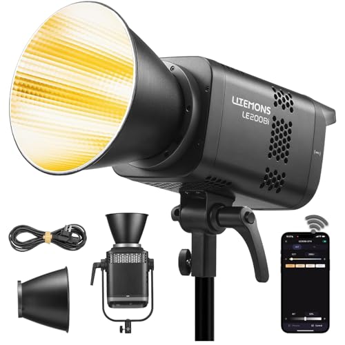 Godox LE200Bi Bi-Color LED Light, 220W GODOX Light All Metal Body,CRI/TLCI98+, CCT 2800K-6500K/11 FX Effects/Bowens Mount/Whisper-Quiet Fan, App/DMX/NFC/CRMX Control, for Video, Streaming & Studio