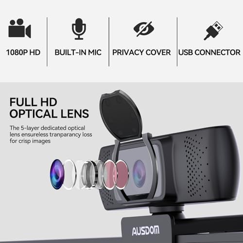 AUSDOM AF640 1080P Webcam with Microphone, 90°FOV USB PC Camera Webcam with Privacy Cover, Plug and Play Computer Camera for Online Calling/Conferencing, Zoom/Skype/YouTube, Laptop/PC - style: 1080p Webcam