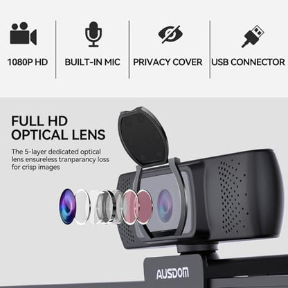 AUSDOM AF640 1080P Webcam with Microphone, 90°FOV USB PC Camera Webcam with Privacy Cover, Plug and Play Computer Camera for Online Calling/Conferencing, Zoom/Skype/YouTube, Laptop/PC - style: 1080p Webcam