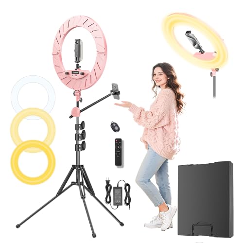 Ring Light 18" with Stand, 55w 6700K LED Light,63" Tripod,Multi-Angle Adjustable Phone Stand, for iPhone and Android Phones, CRI95, Suitable for YouTube, TikTok, Selfies (Pink, 18") - color: Pink