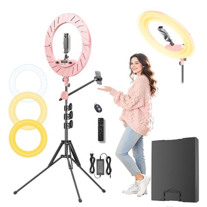 Ring Light 18" with Stand, 55w 6700K LED Light,63" Tripod,Multi-Angle Adjustable Phone Stand, for iPhone and Android Phones, CRI95, Suitable for YouTube, TikTok, Selfies (Pink, 18") - color: Pink