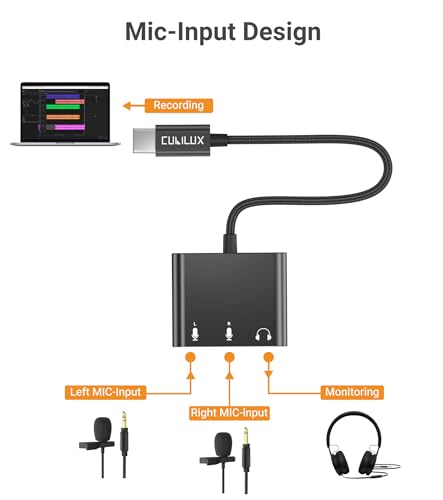 Cubilux USB C Microphone Adapter with Dual 3.5mm TRS Mic Input & Headphone Monitoring, for iPad, iPhone 17/16/15 Series, Android, Tablet, Ideal for Podcast, Zoom, Interview, Vlog