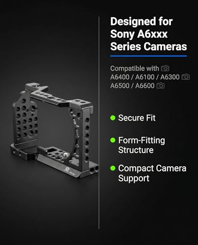 Full Camera Cage for Sony A6400, A6100, A6300, A6500, A6600, CNC Aluminum Camera Rig Cage with 1/4"-20 & 3/8"-16 Mounting Points, ARRI Locating Holes, Cold Shoe