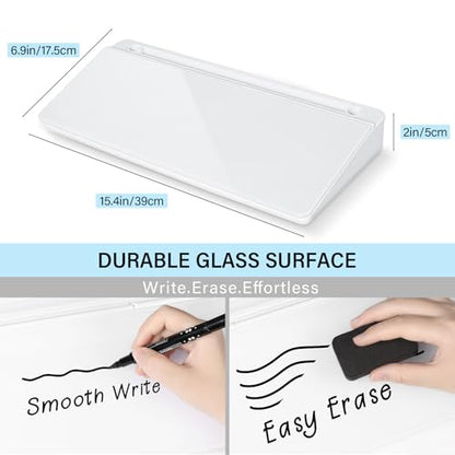 Glass Desktop Whiteboard with Storage 15" x 7" Desk Dry Erase Board with Marker & Eraser Compact Desk Organizer Computer Keyboard Stand Desk Board Buddy for Office, Home, School